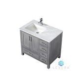Jacques 36" Distressed Grey Single Vanity, White Carrara Marble Top, White Square Sink and 34" Mirror w/ Faucet - Left Version