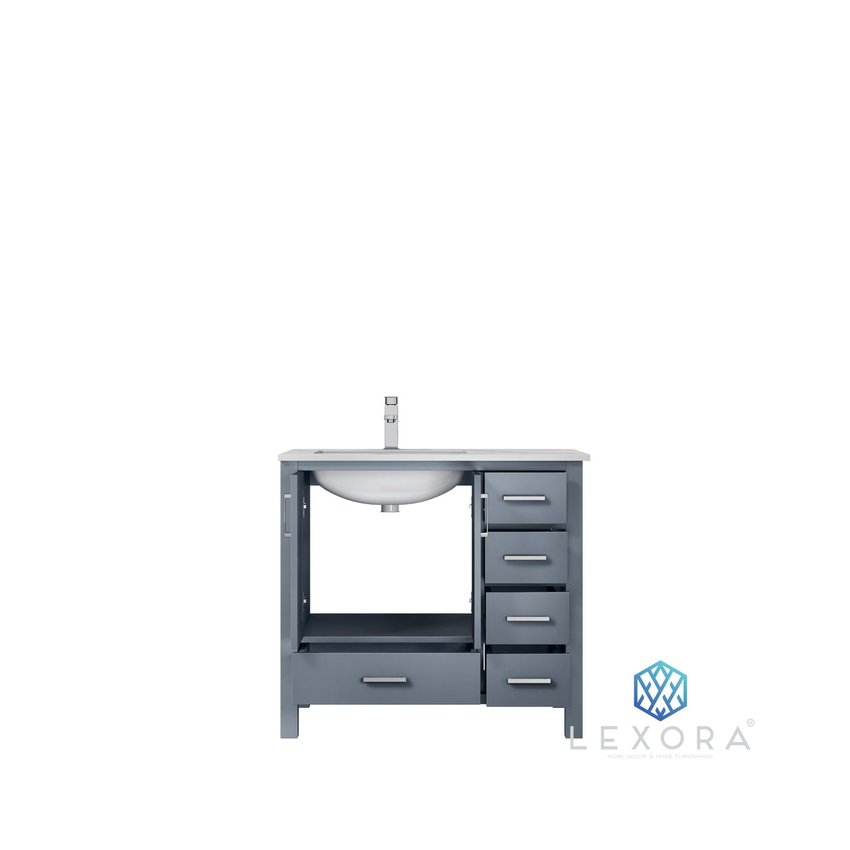 Jacques 36" Dark Grey Single Vanity, White Carrara Marble Top, White Square Sink and 34" Mirror w/ Faucet - Left Version