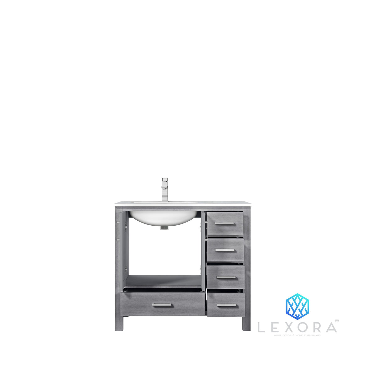 Jacques 36" Distressed Grey Single Vanity, White Carrara Marble Top, White Square Sink and 34" Mirror w/ Faucet - Left Version