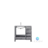Jacques 36" Distressed Grey Single Vanity, White Carrara Marble Top, White Square Sink and 34" Mirror w/ Faucet - Left Version