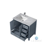 Jacques 36" Dark Grey Single Vanity, White Carrara Marble Top, White Square Sink and 34" Mirror w/ Faucet - Left Version