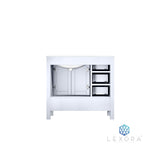 Jacques 36" White Single Vanity, White Carrara Marble Top, White Square Sink and 34" Mirror w/ Faucet - Right Version