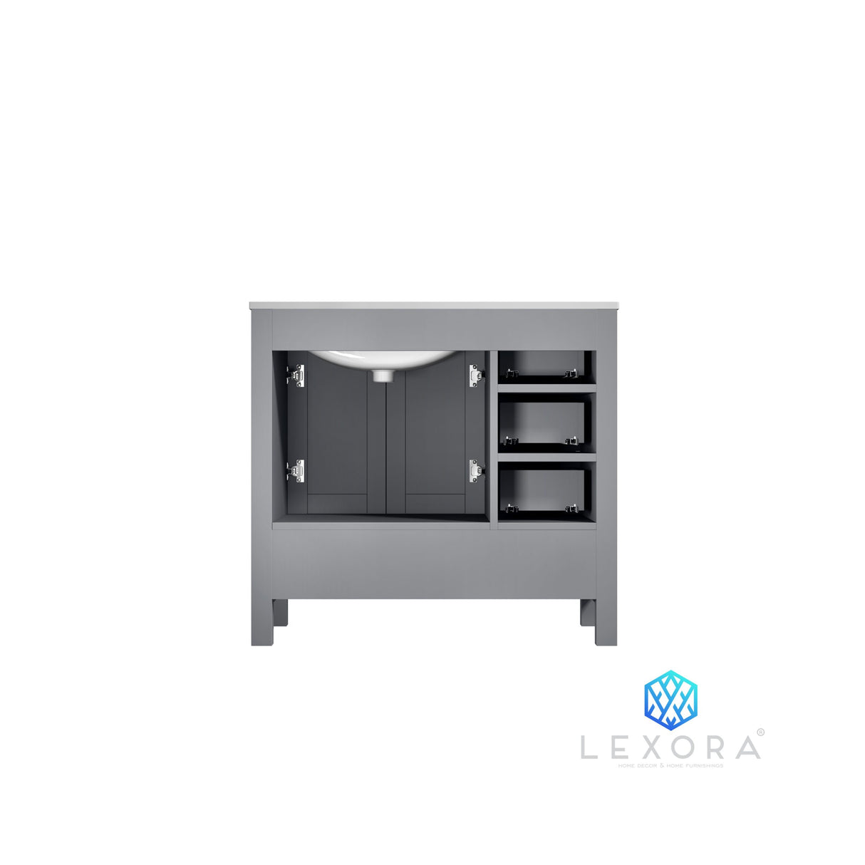 Jacques 36" Distressed Grey Single Vanity, White Carrara Marble Top, White Square Sink and 34" Mirror w/ Faucet - Right Version
