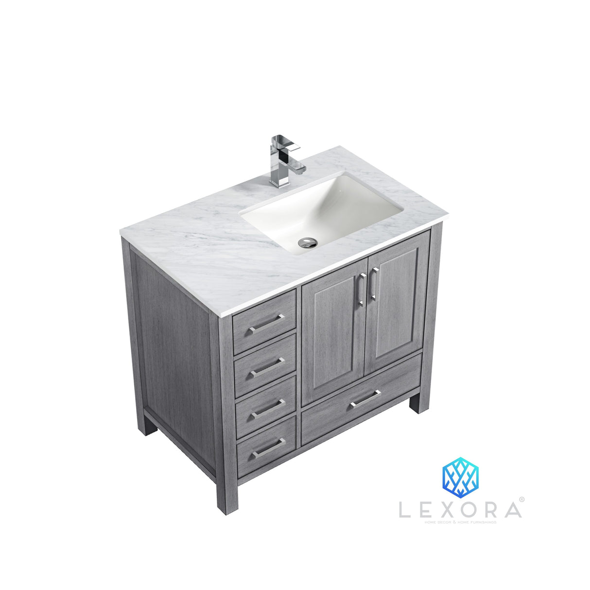 Jacques 36" Distressed Grey Single Vanity, White Carrara Marble Top, White Square Sink and 34" Mirror w/ Faucet - Right Version