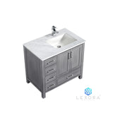 Jacques 36" Distressed Grey Single Vanity, White Carrara Marble Top, White Square Sink and 34" Mirror w/ Faucet - Right Version