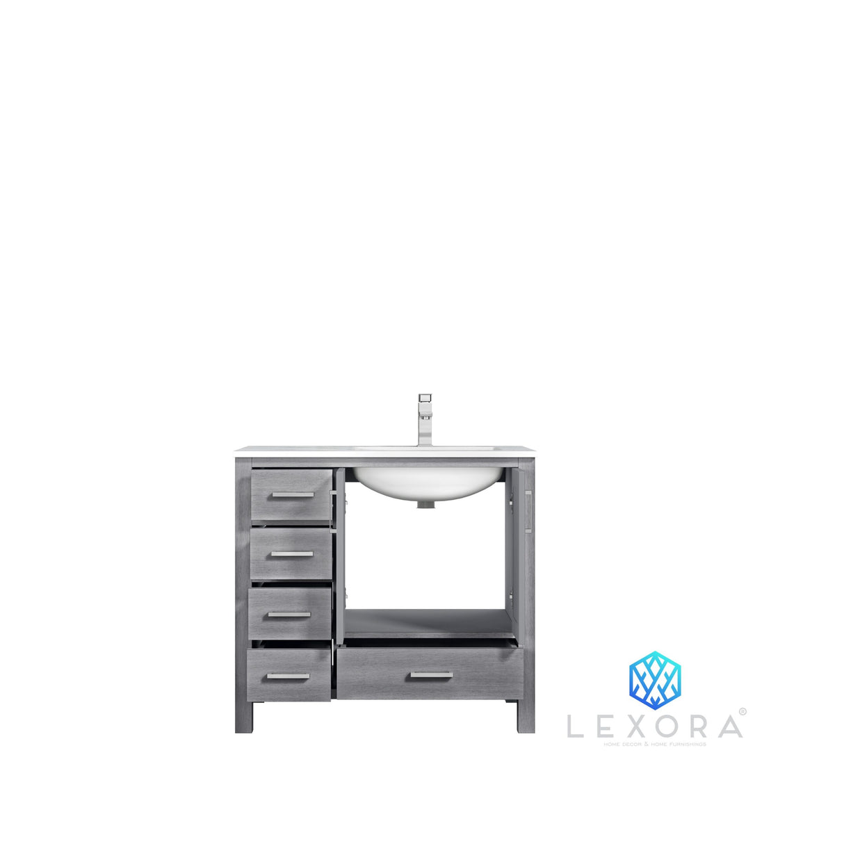 Jacques 36" Distressed Grey Single Vanity, White Carrara Marble Top, White Square Sink and 34" Mirror w/ Faucet - Right Version