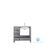 Jacques 36" Distressed Grey Single Vanity, White Carrara Marble Top, White Square Sink and 34" Mirror w/ Faucet - Right Version