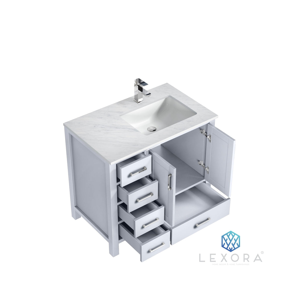 Jacques 36" White Single Vanity, White Carrara Marble Top, White Square Sink and 34" Mirror w/ Faucet - Right Version