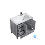 Jacques 36" Distressed Grey Single Vanity, White Carrara Marble Top, White Square Sink and 34" Mirror w/ Faucet - Right Version