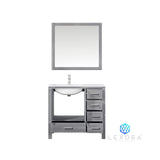 Jacques 36" Distressed Grey Single Vanity, White Carrara Marble Top, White Square Sink and 34" Mirror w/ Faucet - Left Version