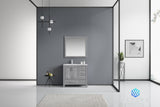 Jacques 36" Distressed Grey Single Vanity, White Carrara Marble Top, White Square Sink and 34" Mirror w/ Faucet - Left Version