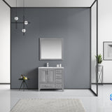 Jacques 36" Distressed Grey Single Vanity, White Carrara Marble Top, White Square Sink and 34" Mirror - Left Version