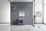 Jacques 36" Distressed Grey Single Vanity, White Carrara Marble Top, White Square Sink and 34" Mirror w/ Faucet - Left Version