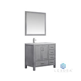 Jacques 36" Distressed Grey Single Vanity, White Carrara Marble Top, White Square Sink and 34" Mirror w/ Faucet - Left Version