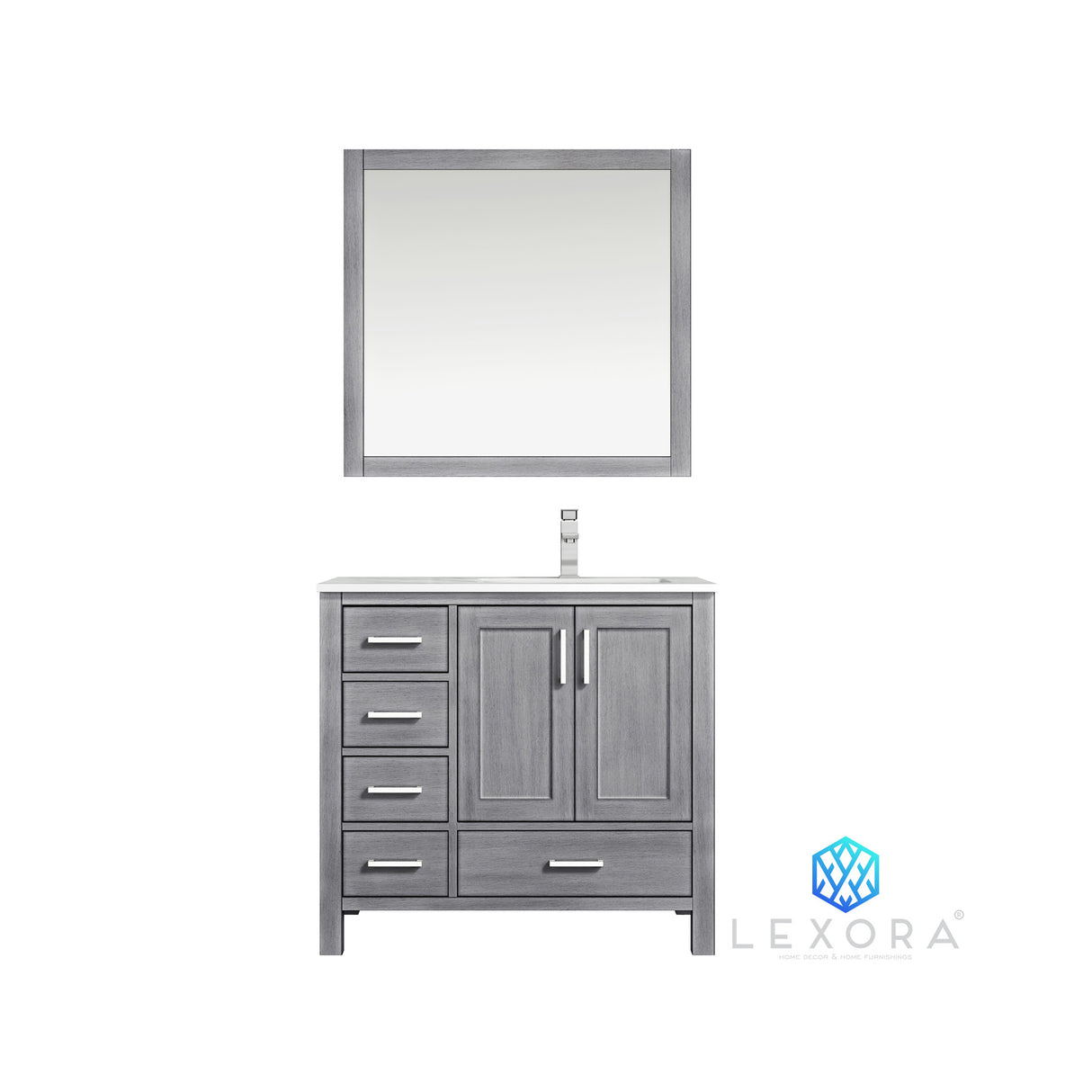 Jacques 36" Distressed Grey Single Vanity, White Carrara Marble Top, White Square Sink and 34" Mirror - Right Version