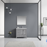 Jacques 36" Distressed Grey Single Vanity, White Carrara Marble Top, White Square Sink and 34" Mirror - Right Version
