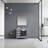 Jacques 36" Distressed Grey Single Vanity, White Carrara Marble Top, White Square Sink and 34" Mirror - Right Version