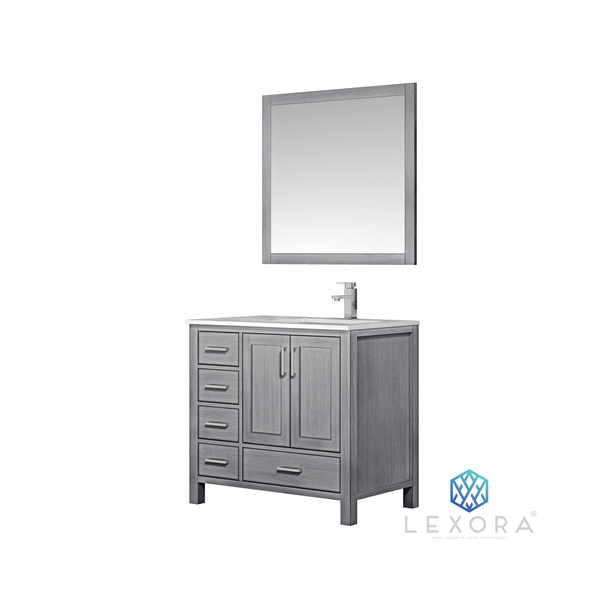 Jacques 36" Distressed Grey Single Vanity, White Carrara Marble Top, White Square Sink and 34" Mirror w/ Faucet - Right Version
