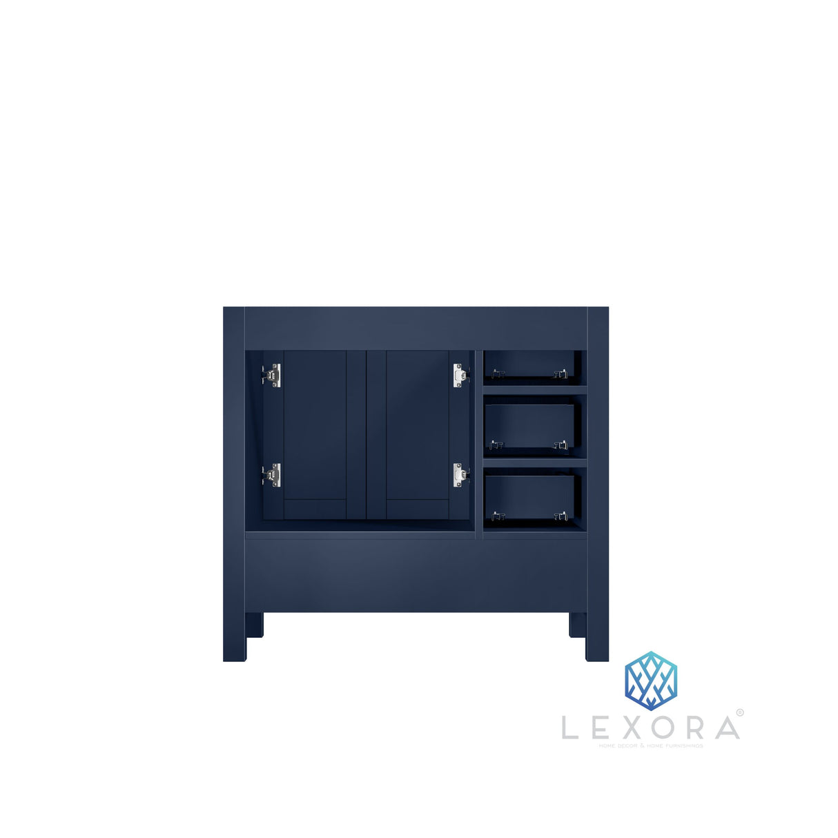 Jacques 36" Navy Blue Single Vanity, White Carrara Marble Top, White Square Sink and 34" Mirror w/ Faucet - Right Version