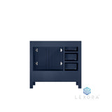 Jacques 36" Navy Blue Single Vanity, White Carrara Marble Top, White Square Sink and 34" Mirror w/ Faucet - Right Version