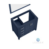 Jacques 36" Navy Blue Single Vanity, White Carrara Marble Top, White Square Sink and 34" Mirror w/ Faucet - Right Version