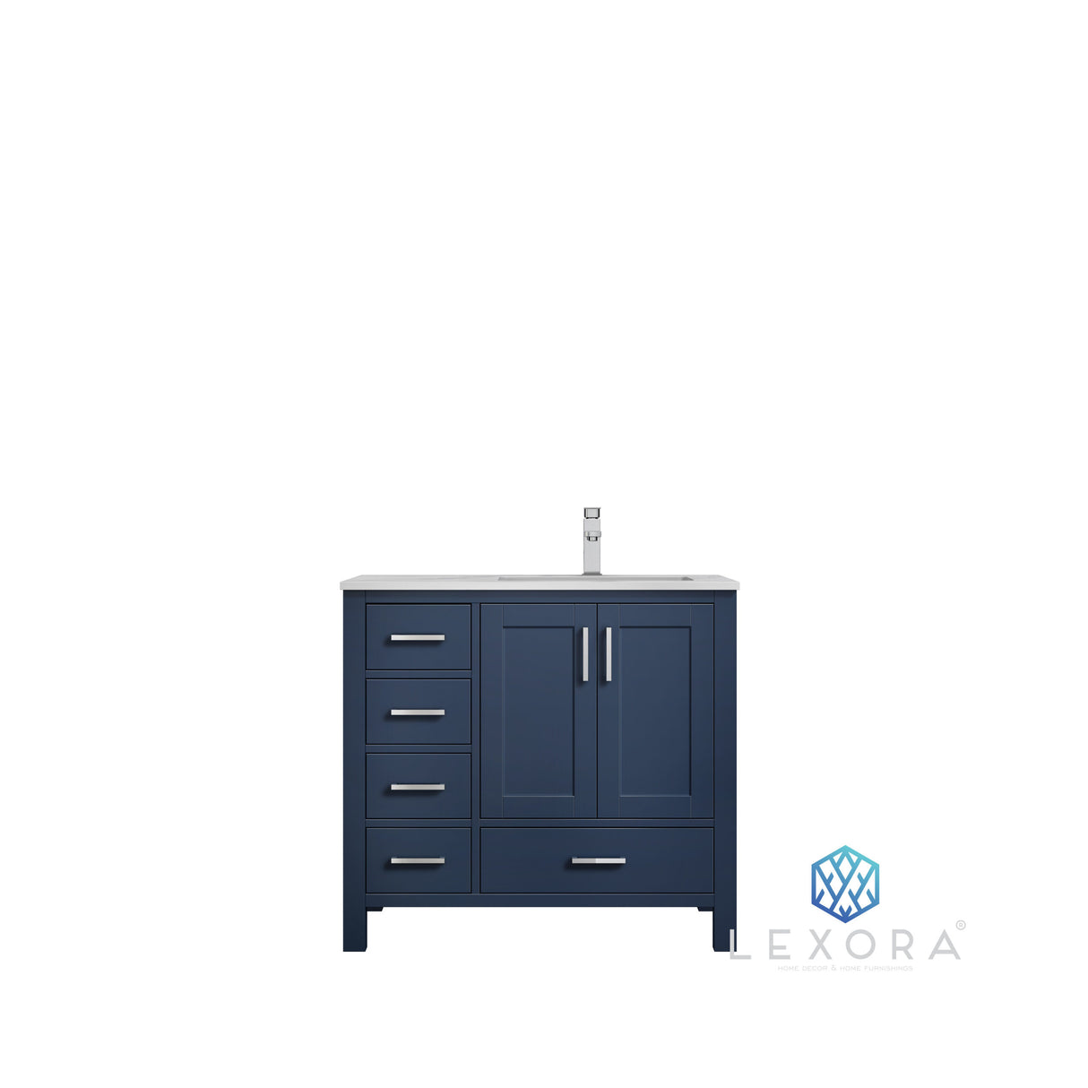 Jacques 36" Navy Blue Single Vanity, White Carrara Marble Top, White Square Sink and 34" Mirror w/ Faucet - Right Version
