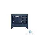 Jacques 36" Navy Blue Single Vanity, White Carrara Marble Top, White Square Sink and 34" Mirror w/ Faucet - Right Version