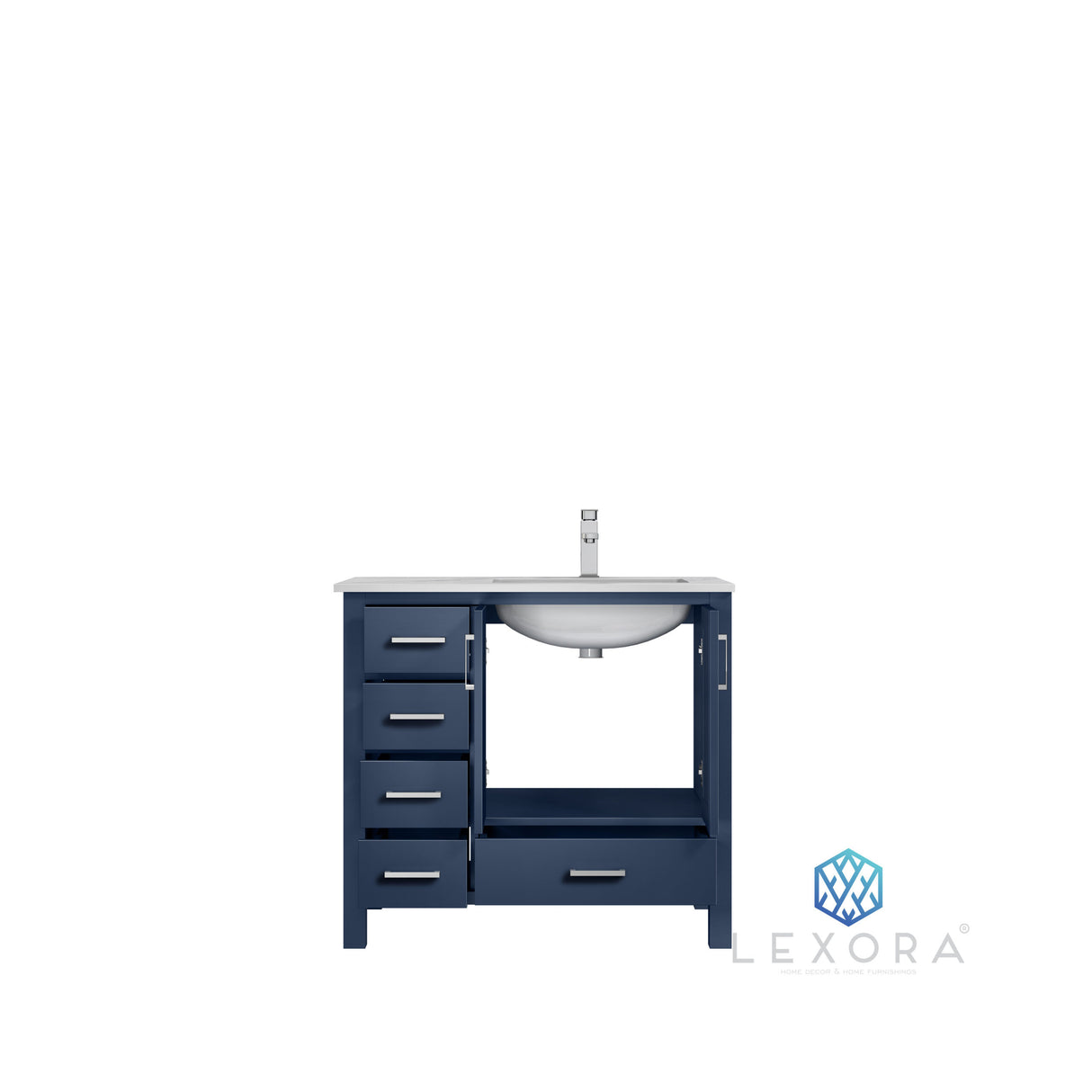 Jacques 36" Navy Blue Single Vanity, White Carrara Marble Top, White Square Sink and 34" Mirror w/ Faucet - Right Version