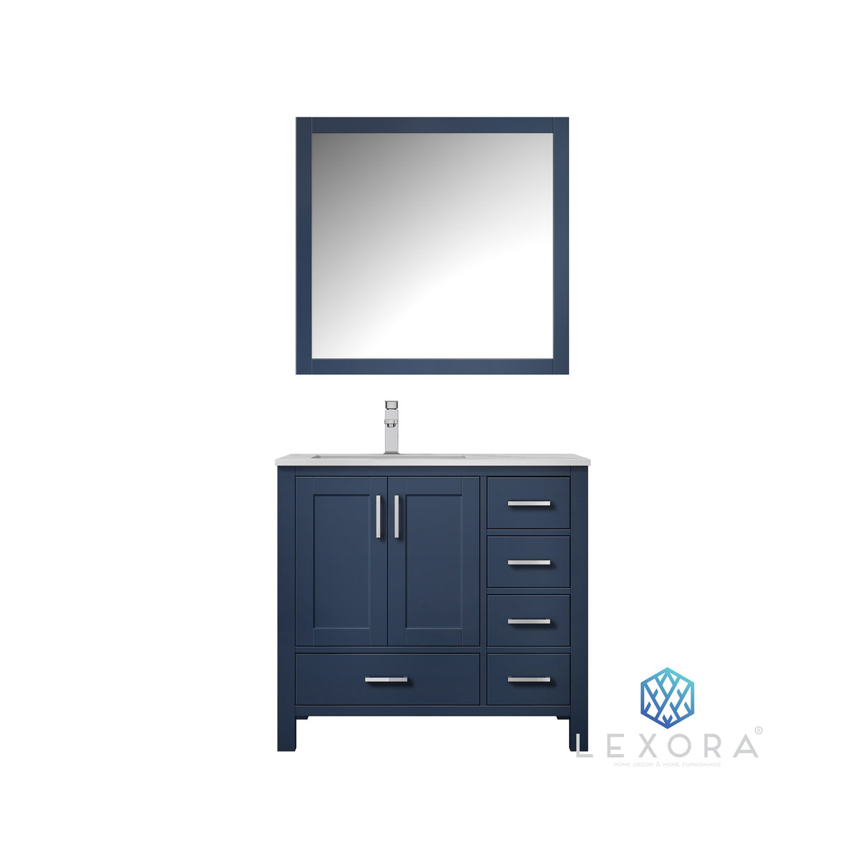 Jacques 36" Navy Blue Single Vanity, White Carrara Marble Top, White Square Sink and 34" Mirror - Left Version