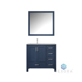 Jacques 36" Navy Blue Single Vanity, White Carrara Marble Top, White Square Sink and 34" Mirror - Left Version
