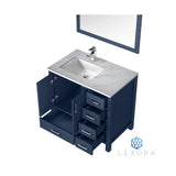 Jacques 36" Navy Blue Single Vanity, White Carrara Marble Top, White Square Sink and 34" Mirror w/ Faucet - Left Version