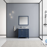 Jacques 36" Navy Blue Single Vanity, White Carrara Marble Top, White Square Sink and 34" Mirror - Left Version