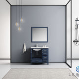 Jacques 36" Navy Blue Single Vanity, White Carrara Marble Top, White Square Sink and 34" Mirror - Left Version