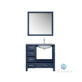 Jacques 36" Navy Blue Single Vanity, White Carrara Marble Top, White Square Sink and 34" Mirror w/ Faucet - Right Version
