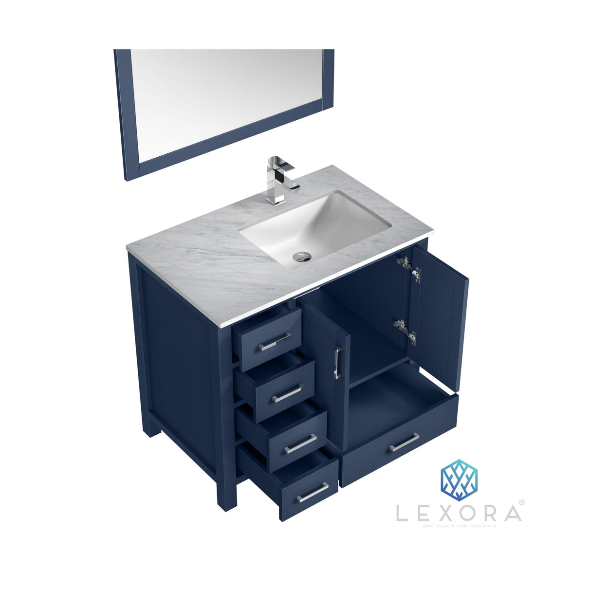 Jacques 36" Navy Blue Single Vanity, White Carrara Marble Top, White Square Sink and 34" Mirror w/ Faucet - Right Version