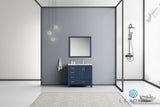 Jacques 36" Navy Blue Single Vanity, White Carrara Marble Top, White Square Sink and 34" Mirror w/ Faucet - Right Version