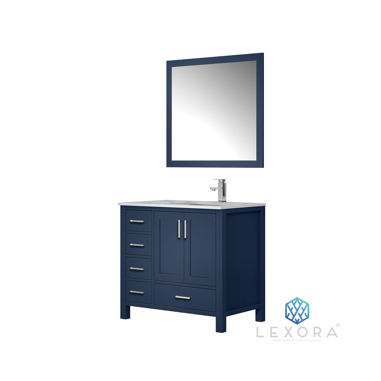 Jacques 36" Navy Blue Single Vanity, White Carrara Marble Top, White Square Sink and 34" Mirror w/ Faucet - Right Version