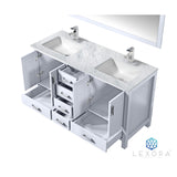 Jacques 60" White Double Vanity, White Carrara Marble Top, White Square Sinks and 58" Mirror