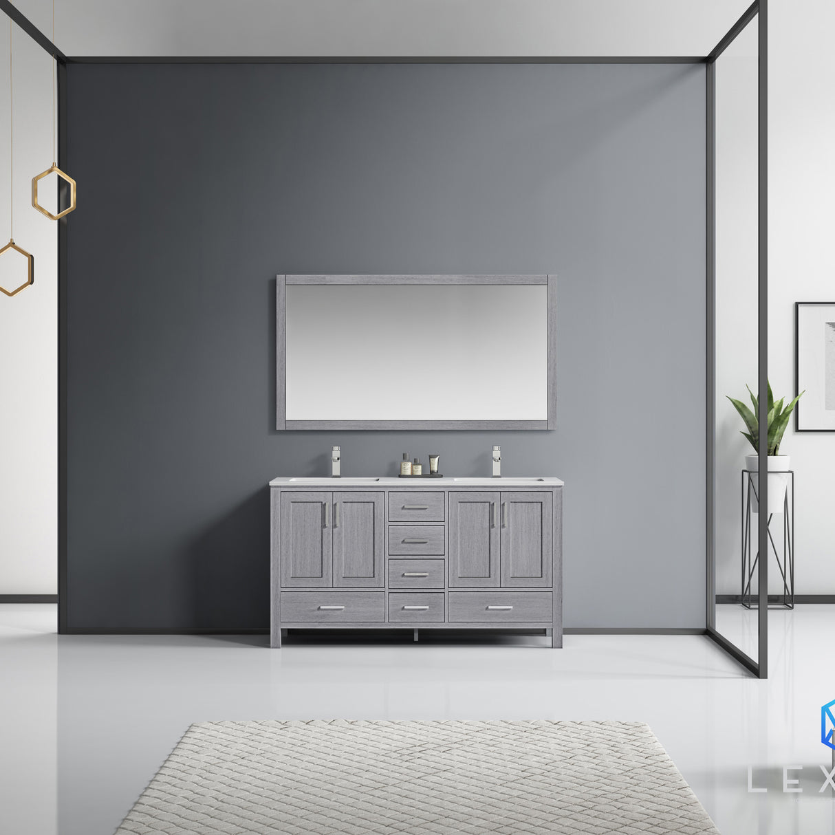 Jacques 60" Distressed Grey Double Vanity, White Carrara Marble Top, White Square Sinks and 58" Mirror