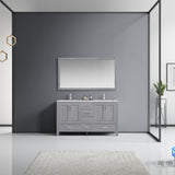 Jacques 60" Distressed Grey Double Vanity, White Carrara Marble Top, White Square Sinks and 58" Mirror