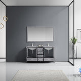 Jacques 60" Distressed Grey Double Vanity, White Carrara Marble Top, White Square Sinks and 58" Mirror