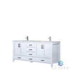 Jacques 72" White Double Vanity, White Carrara Marble Top, White Square Sinks and 70" Mirror w/ Faucets