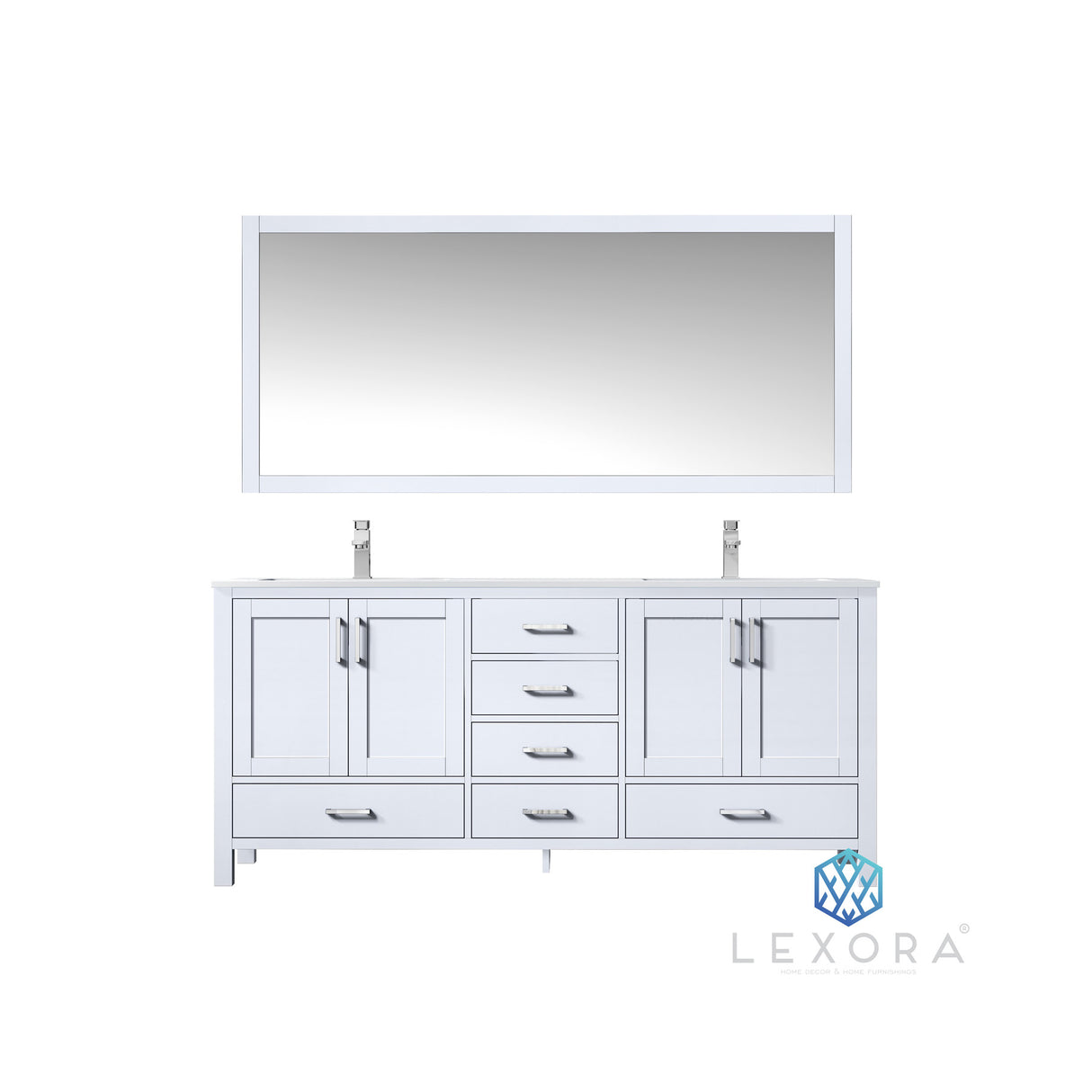 Jacques 72" White Double Vanity, White Carrara Marble Top, White Square Sinks and 70" Mirror