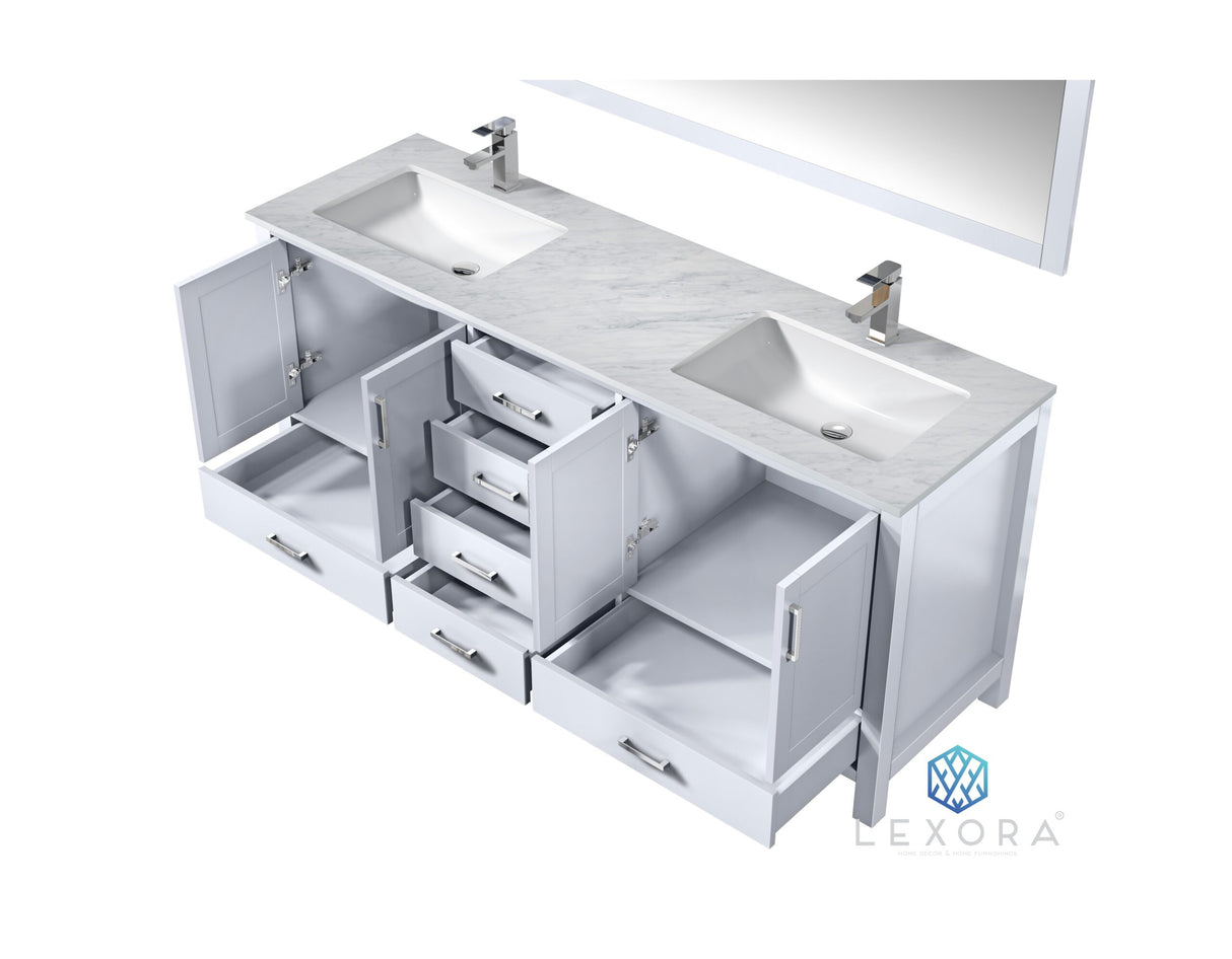 Jacques 72" White Double Vanity, White Carrara Marble Top, White Square Sinks and 70" Mirror w/ Faucets