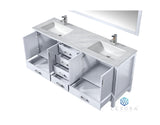 Jacques 72" White Double Vanity, White Carrara Marble Top, White Square Sinks and 70" Mirror w/ Faucets