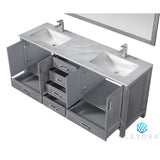 Jacques 72" Distressed Grey Double Vanity, White Carrara Marble Top, White Square Sinks and 70" Mirror