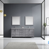 Jacques 80" Distressed Grey Double Vanity, White Carrara Marble Top, White Square Sinks and 30" Mirrors with Faucets