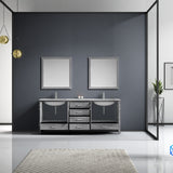Jacques 80" Distressed Grey Double Vanity, White Carrara Marble Top, White Square Sinks and 30" Mirrors with Faucets