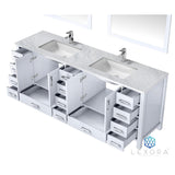 Jacques 84" White Double Vanity, White Carrara Marble Top, White Square Sinks and 34" Mirrors