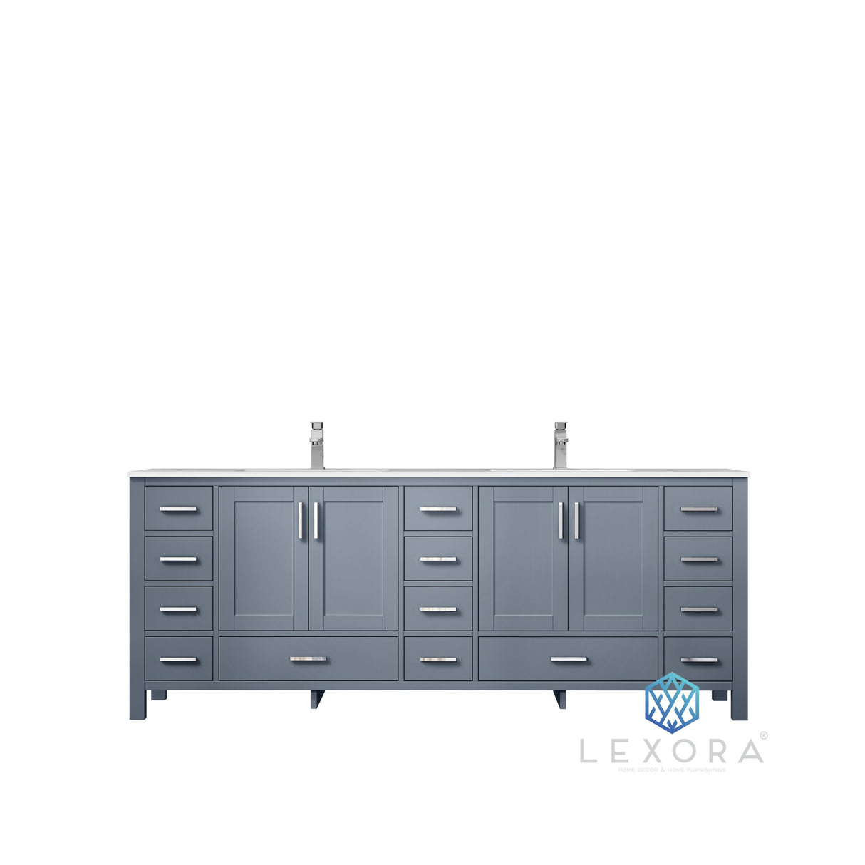Jacques 84" Dark Grey Double Vanity, White Carrara Marble Top, White Square Sinks and 34" Mirrors w/ Faucets